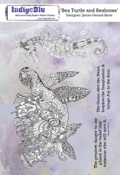 Sea Turtle and Seahorse A5 Red Rubber Stamp by Janine Gerard-Shaw